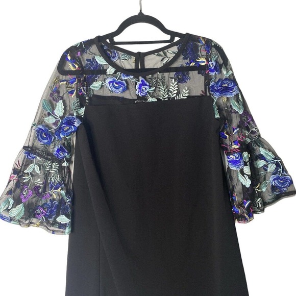 Roz & Ali Black Floral Shift Dress Sz 4 Sheer Embroider Women Elegant Bell 3/4 - Picture 6 of 10